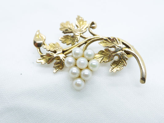 イギリスアンティークブローチ 9ct VINE+リアルパール グレープ
