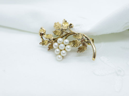 イギリスアンティークブローチ 9ct VINE+リアルパール グレープ