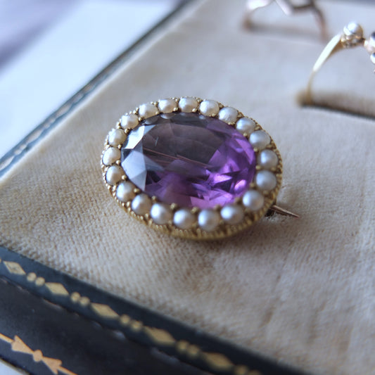 アンティークシードパール+15ctゴールドアメジストブローチ