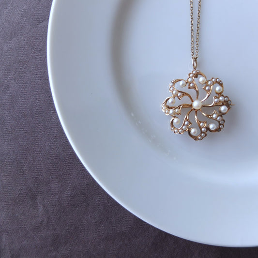 イギリスアンティーク 14Kゴールド+シードパールブローチ兼ペンダント