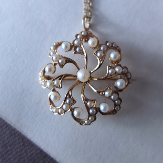 イギリスアンティーク 14Kゴールド+シードパールブローチ兼ペンダント