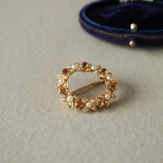 アンティークブローチ 15ctゴールド+シトリン+パール リースブローチ