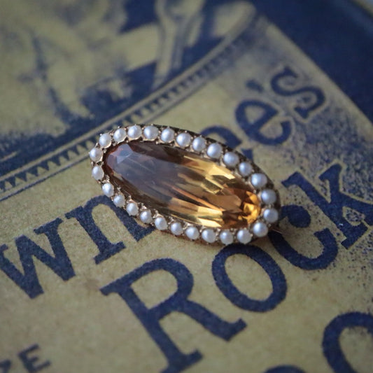 ヴィクトリアンブローチ マーキスカットシトリン+シードパール