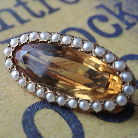 ヴィクトリアンブローチ マーキスカットシトリン+シードパール