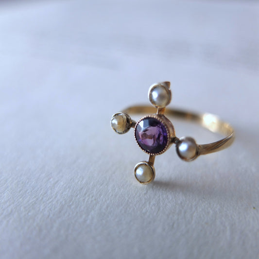 イギリスアンティーク シードパール+パープルストーン+9ct リング