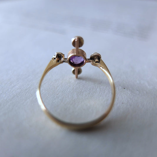 イギリスアンティーク シードパール+パープルストーン+9ct リング