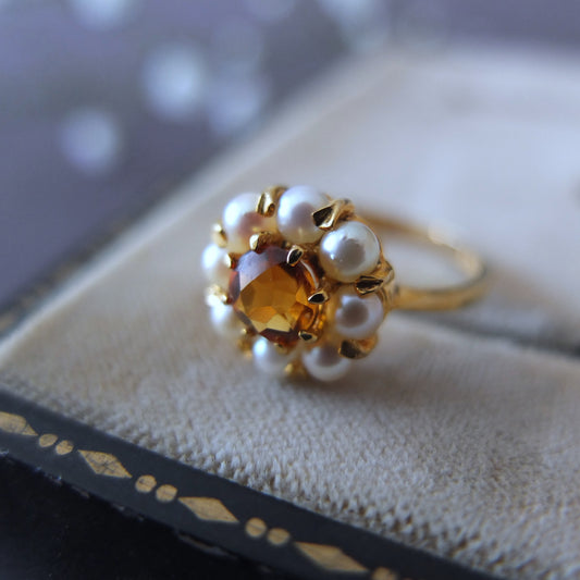 イギリスアンティーク シトリン&シードパール Daisy Ring