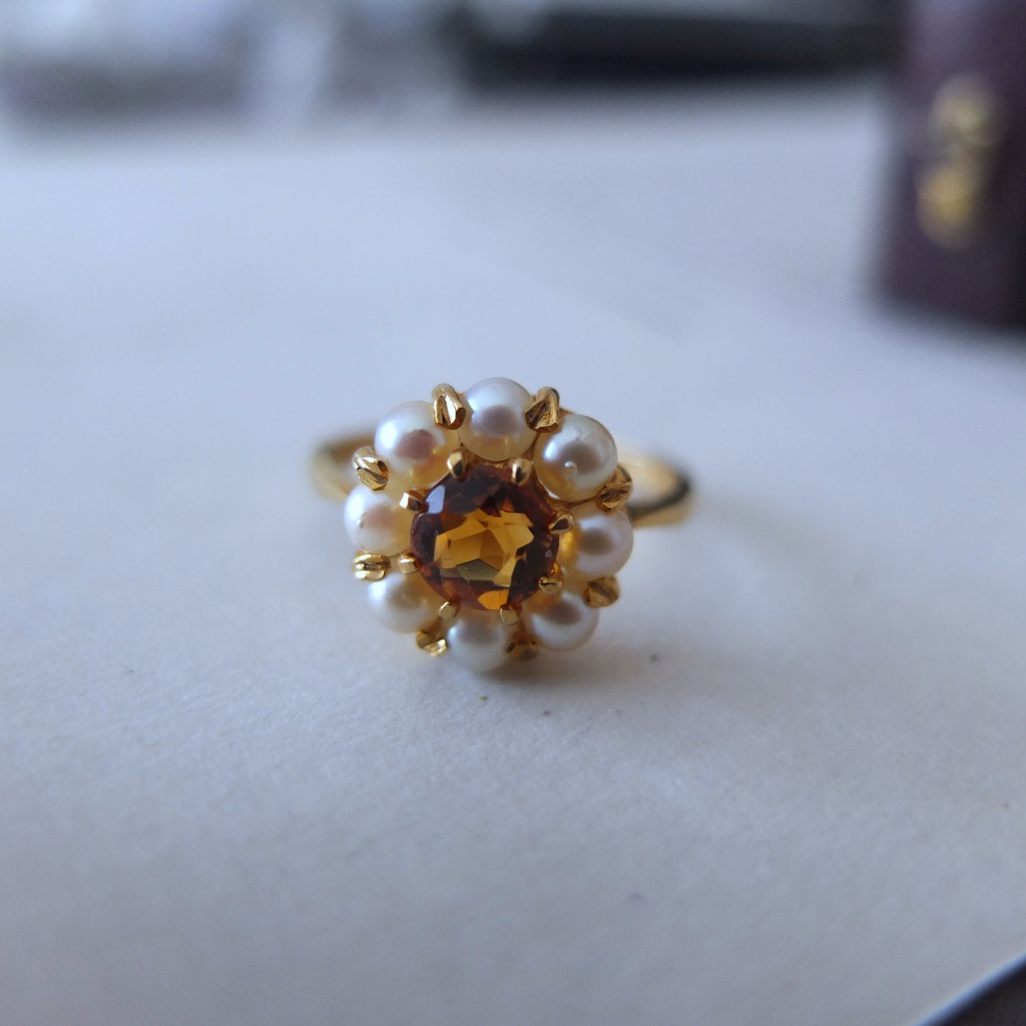 イギリスアンティーク シトリン&シードパール Daisy Ring
