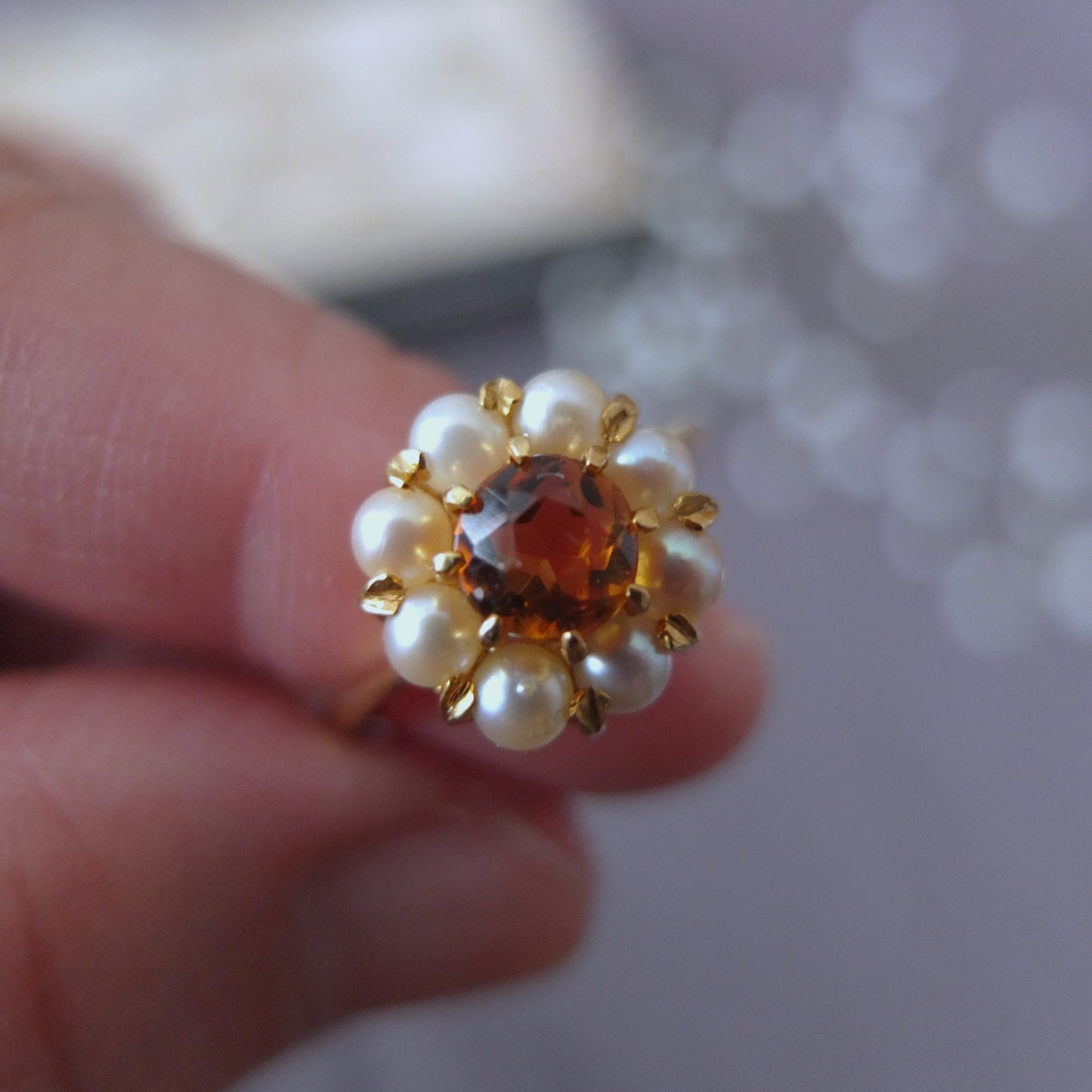イギリスアンティーク シトリン&シードパール Daisy Ring